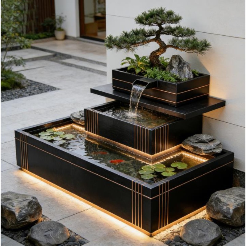 Stainless Steel Waterfall Feat - Bonsai Garden With Koi Pond ulasan dan harga